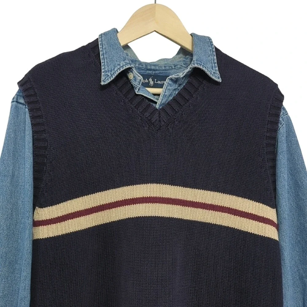 Vintage 90s J. Crew Sweater Vest Navy Blue‎ Cream Red Stripe Cotton Preppy Large
